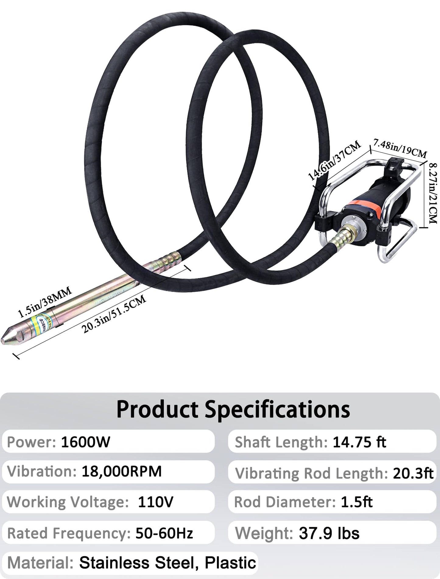 BIZOEPRO Concrete Vibrator, 1600W 2HP 18000RPM, 14-3/4ft Flexible Shaft, Electric Concrete Vibrating Tool, Hand Held Power Concrete Vibrators, Portable for Construction, Remove Air Bubbles Level Tool