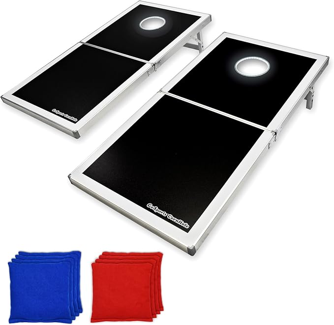 GoSports 4 x 2 ft Aluminum Cornhole Game Sets – Choose LED Lights or Standard - Set Includes 2 Foldable Regulation Size Boards, 8 Bean Bags, & Rules