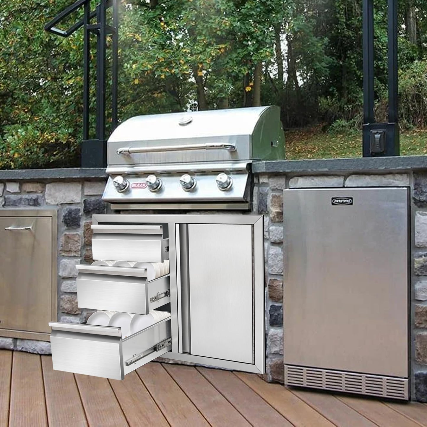 Duluciate Outdoor Kitchen Drawer Combo Cabinet, Stainless Steel Triple Drawers with Integrated Access Door, 28" W x 22" H x 19.5" D Outdoor Built-in Cabinet for BBQ Island Grill Stations