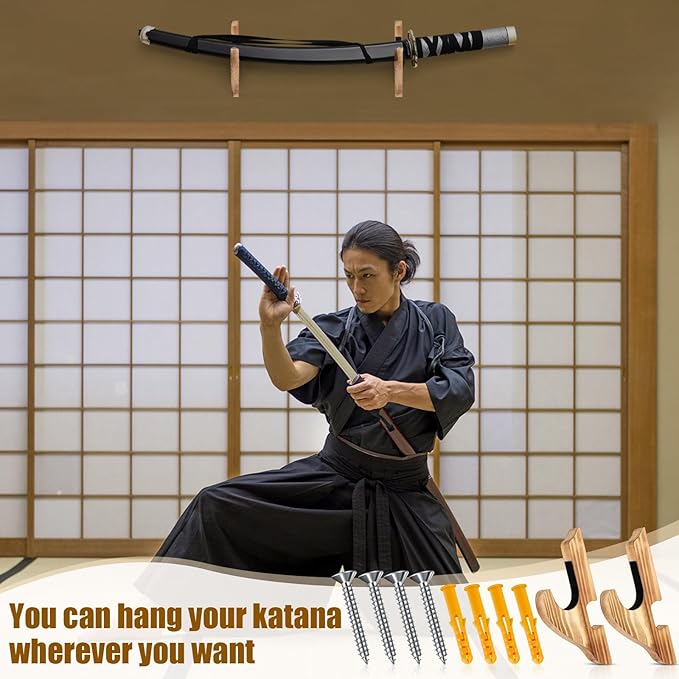 Chunful 2 Pcs Sword Wall Mount Sword Holder Katana Stand 1 Tier Hanger Adjustable Wooden Mounts for Samurai(5.91 x 2.76 x 1.38 Inches,Burnt Color)