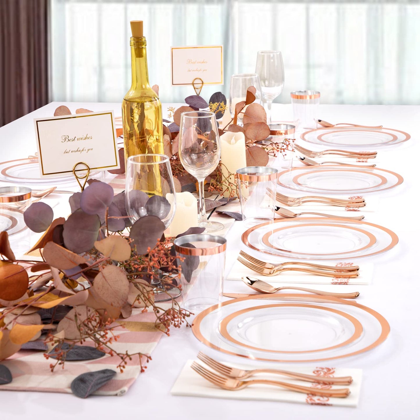 YOUBET 175PCS Rose Gold Plastic Plates - Clear Plastic Plates Disposable with Rose Gold Rim includes 50 Plates, 25Forks, 25Knives, 25Spoons, 25Cups, 25Napkins for Party & Wedding