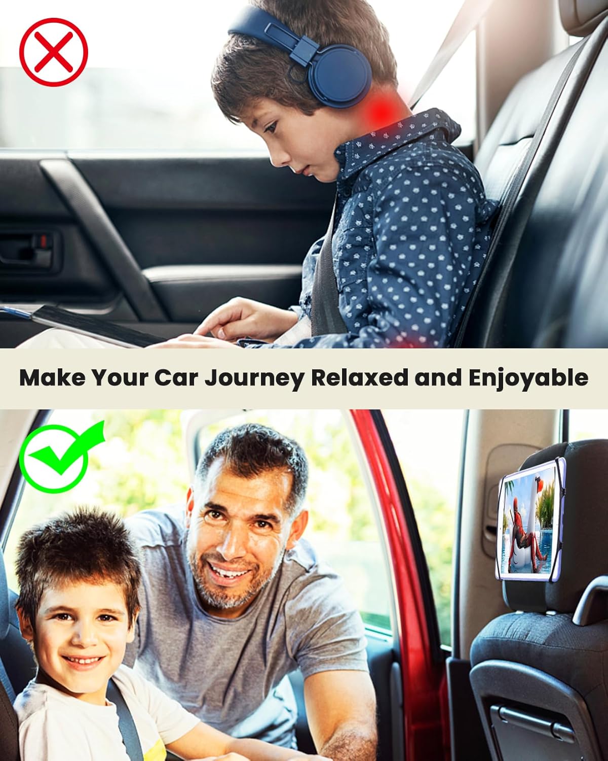 WONNIE 7-12.9'' Tablet Holder for Car, Upgraded iPad Holder for Car Mount Headrest, iPad Mount Back Seat for Kids