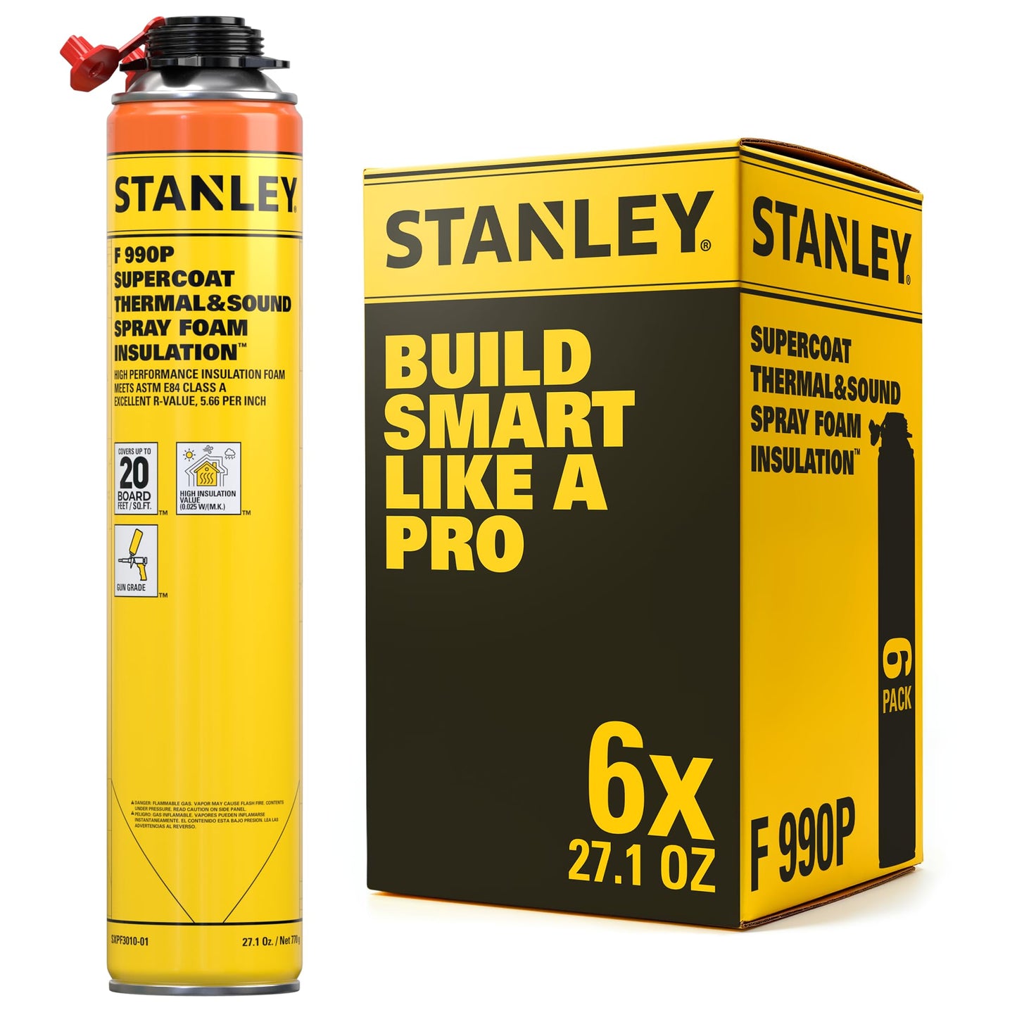 STANLEY Supercoat Spray Foam Insulation Kit - Closed Cell Spray Foam Covers Up to 120 Sq.Ft. - Including Cleaner, Safety Items - 27.1 oz, 6 Pack