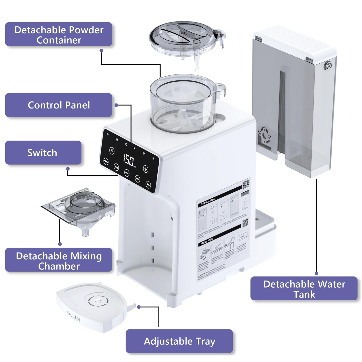 Horigen Smart Baby Formula Maker - Advanced WiFi Bottle Maker Formula Machine with Automatic Mix & Clean, Instant Warm Water, Fast Milk Make with Accurate Dispensing & Temperature Control