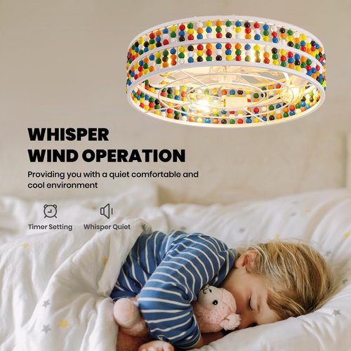 MOOONICHE 19" Boho Fandelier Ceiling Fan with Light and Remote Control Wood Beaded Flush Mount Chandelier Fan 6 Speeds Low Profile Bladeless Ceiling Fan for Bedroom Living Room Nursery