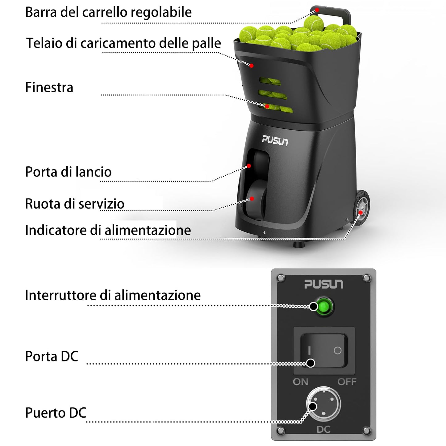 PUSUN Smart Tennis Ball Machine PT-Smart - APP Controlled Auto Feed, 12 Training Modes, 100 Ball Capacity, 4-6Hr Battery Life, Suitable for All Level Players(White)