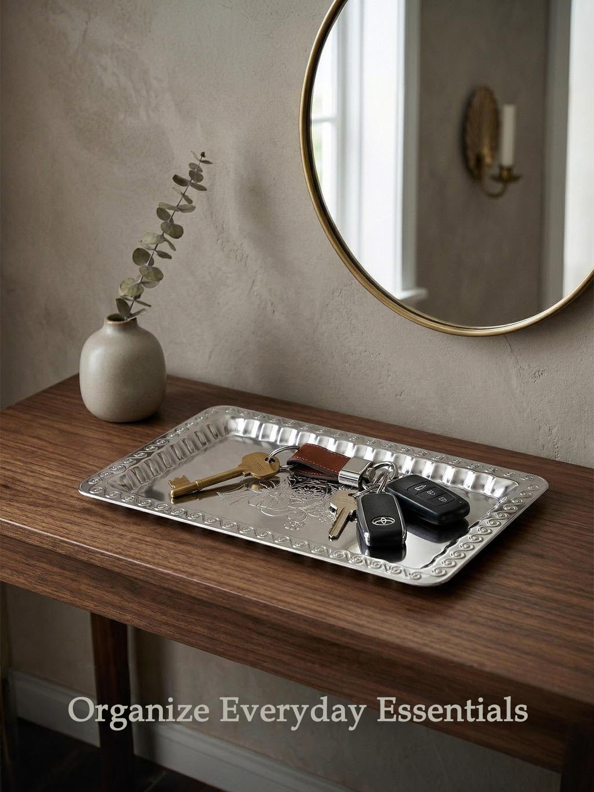 4-Pack Silver Serving Trays Set - ZENOVLUX Swirl Floral Engraved Mirror Decorative Tray, 13.8" x 8.7" Party Platters for Easter, Food, Appetizer, Charcuterie, Cookies, Desserts