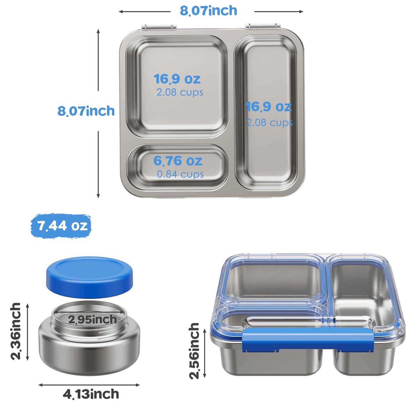 Pawtong Stainless Steel Bento Box Kids Adult with 7oz Insulated Food Jar, Transparent Lid Metal Lunch Box With Soup Thermal Jar, Lunch Box Container with Removable Divider & Sauce Cup School (Blue)
