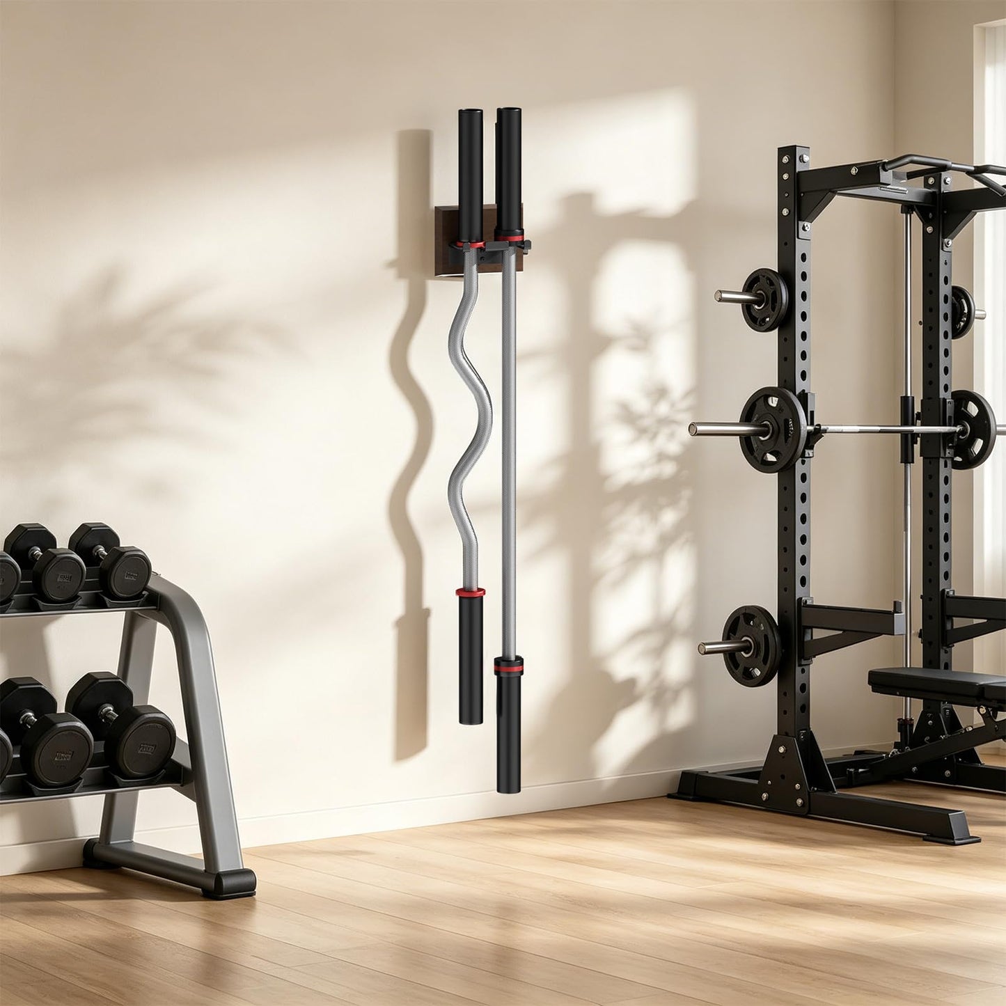 DEMEGA Barbell Wall Mount for 2 Barbells, Olympic Barbell Holder for Garage Gym, Vertical Bar Rack with Wooden Spacer Pad - Black Powder Coated Iron & Rubber Wood Base, Anti-Scratch Wall Protection & Extra Stability on Uneven Walls - Space Saving Home Gym