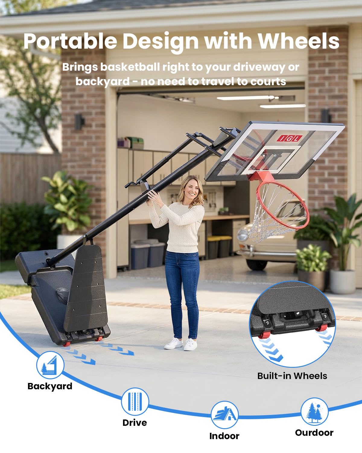 IGL Portable Basketball Hoop 10ft Adjustable, Sturdy Outdoor Basketball Goal System with 40" Shatterproof Backboard & Large Base, Rolls Easily for Kids, Teens & Adults, Backyard Driveway