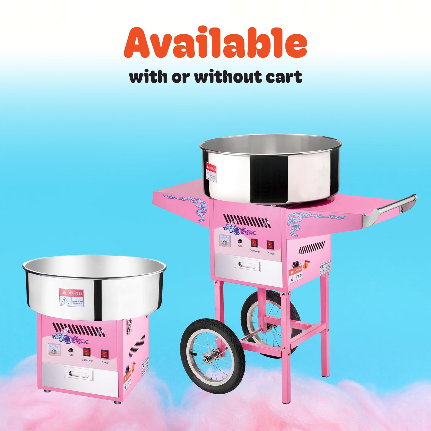 Cotton Candy Machine with Cart Vortex Candy Maker with Stainless-Steel Pan, 2 Side Trays, and 13-inch Wheels by Great Northern Popcorn (Pink)