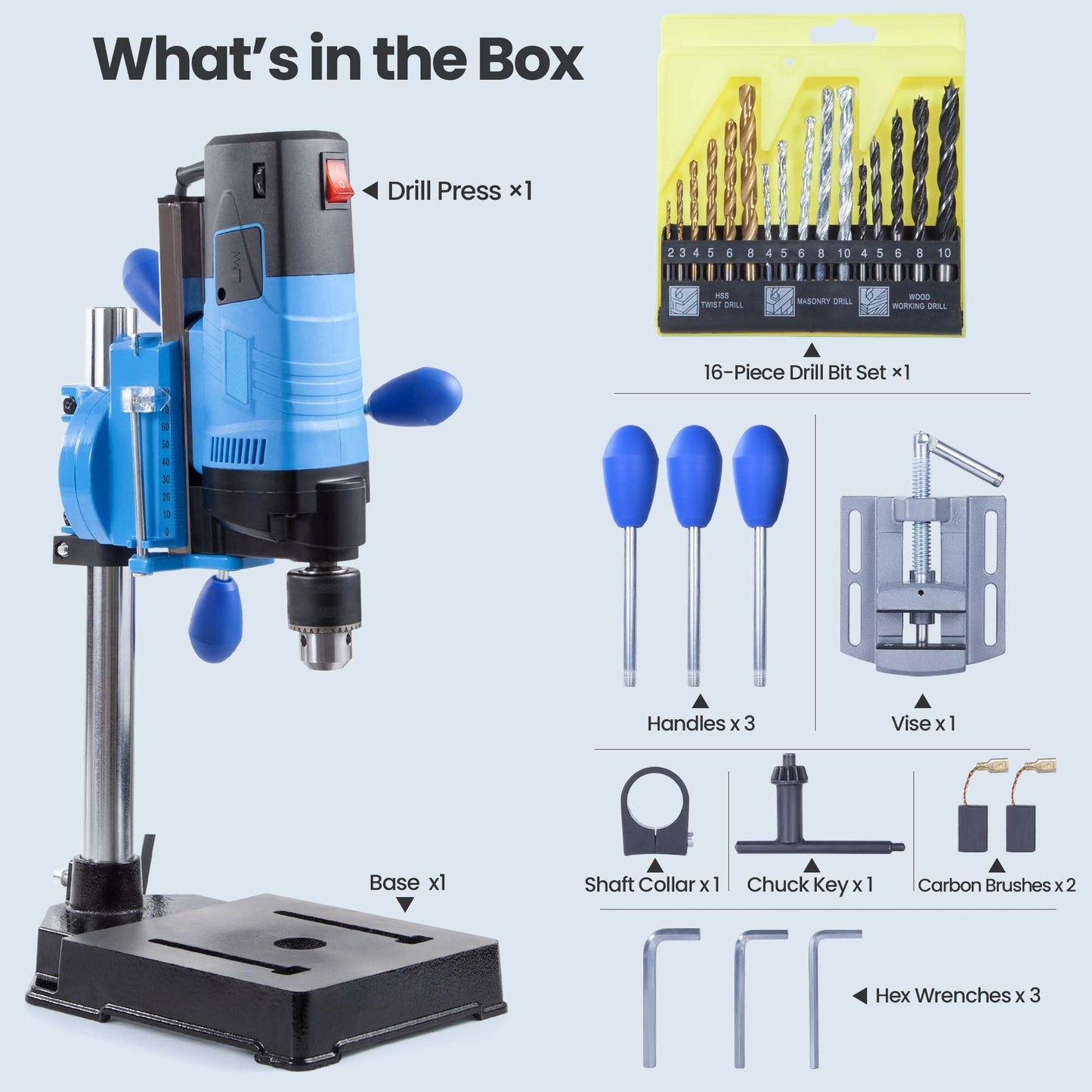 bellaDimora Mini Benchtop Drill Press — 1200W 6-Speed 2800rpm, 16-Piece Multi-Material Drill Bit Kit, 360° Rotation, 3.15 in Drilling Depth, Workshop Stand