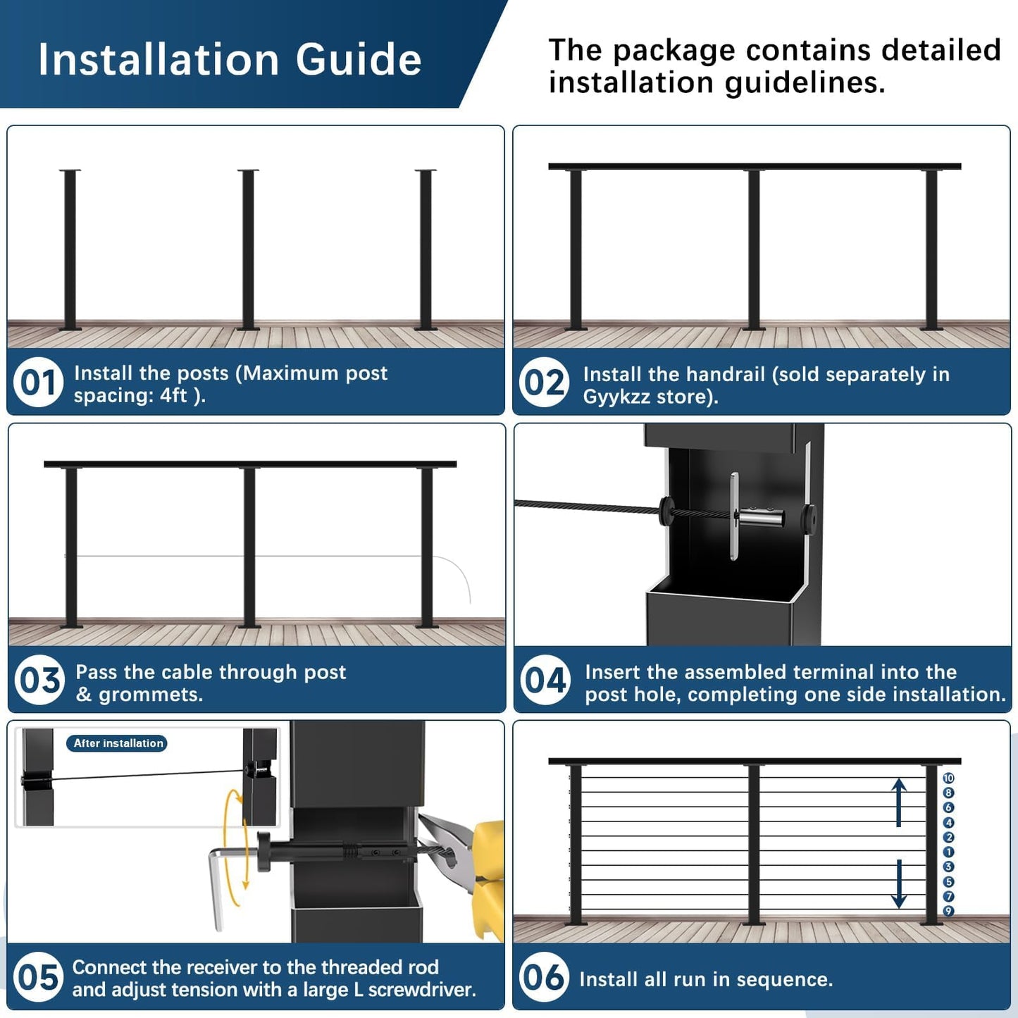 Gyykzz 36" 12โ20FT Swageless Cable Railing Kit, Black Modular Railing System 4 Level Post Kit with Patented No-Crimp Terminals, Cable Length Adjustable Easy DIY for Deck, Stair, Balcony (No Handrail)