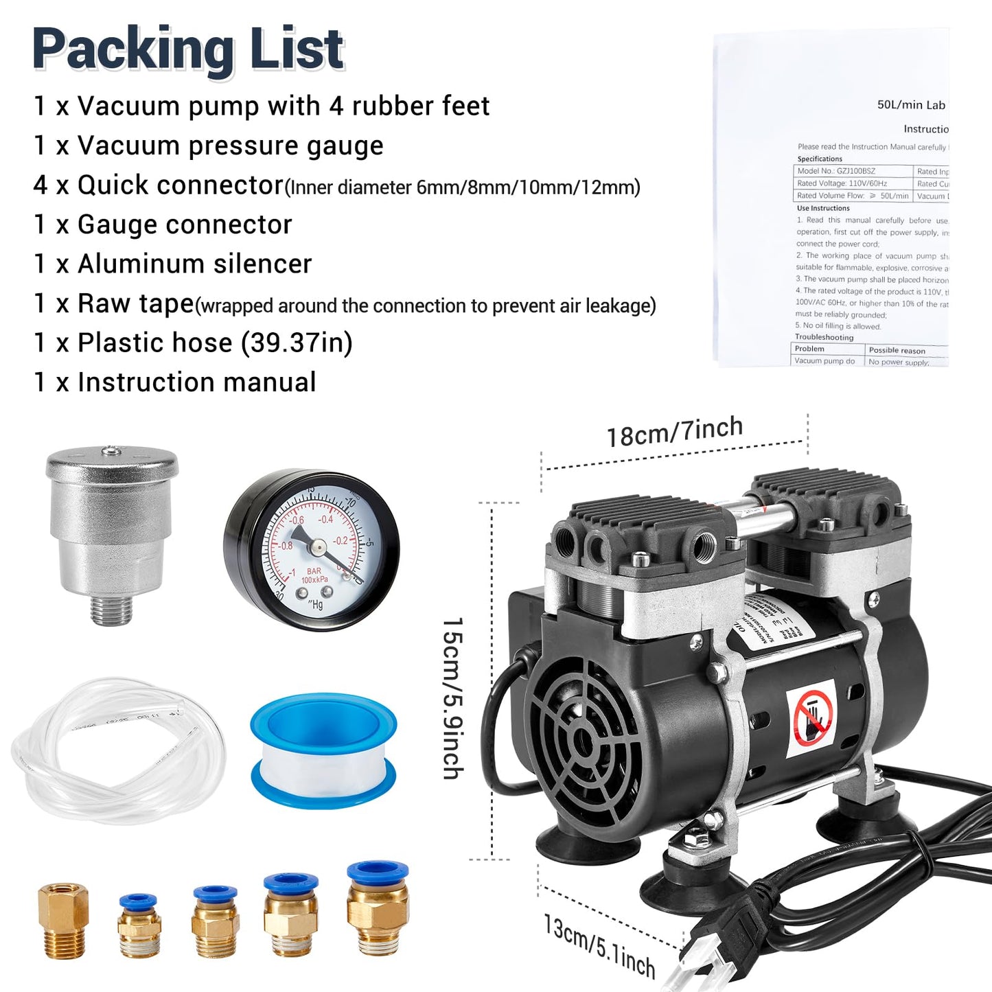 ScitoLAB Vacuum Pump 50 L/Min, Oilless Pump with Upgraded Capacitor, Vacuum Meter, Aluminum Silencer, 4 Quick Connectors, for Lab Electronics Industry