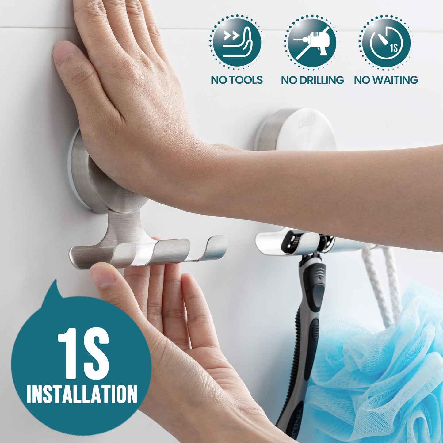 TAILI 2 Pack Powerful Suction Cup Razor Holder, 304 Stainless Steel Bathroom Suction Hooks for Towel, Loofah, Bathrobe, Stylish Shaver Holder for Shower Wall, Easy to Install and Reuse, Silver