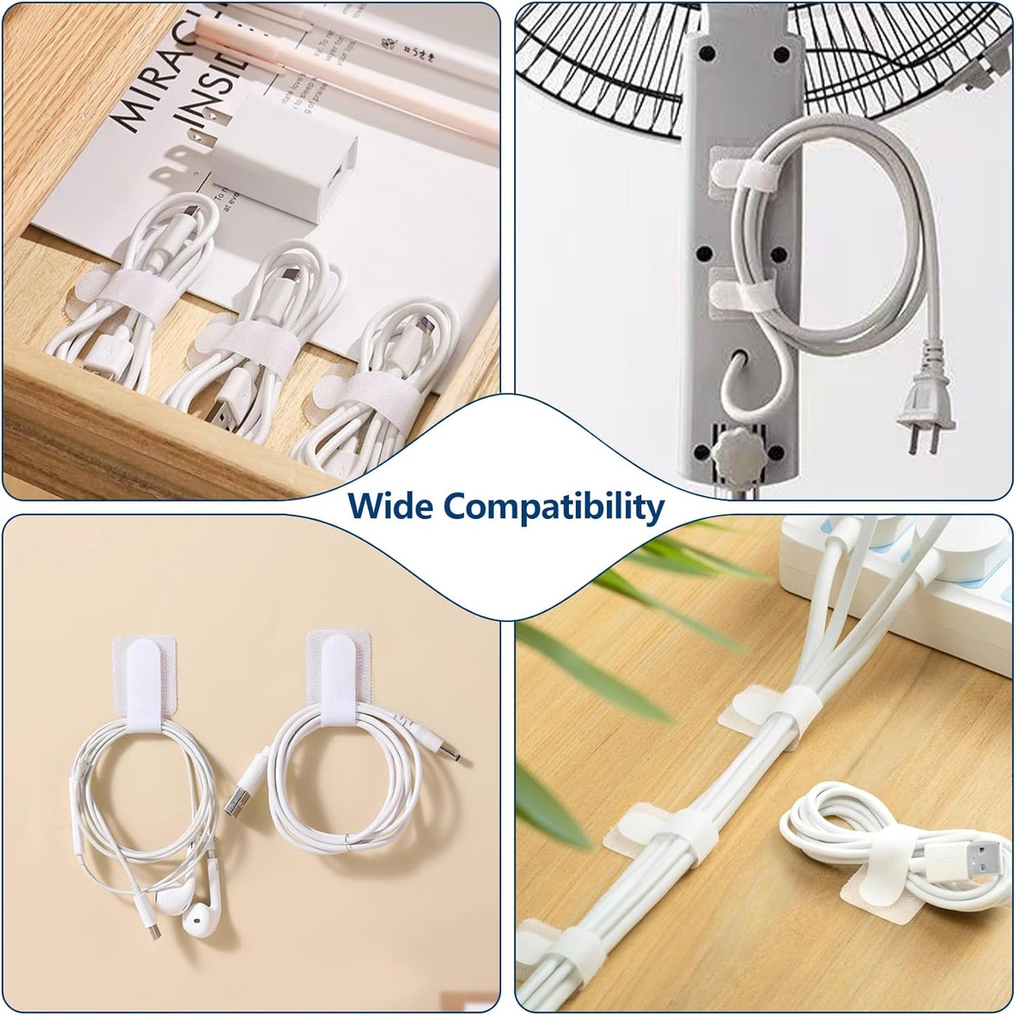50 Abnii PCS Hook and Loop Cable Ties, Under Desk Cable Management, Self Adhesive Cable Clips Straps, Sticky-Back Cord