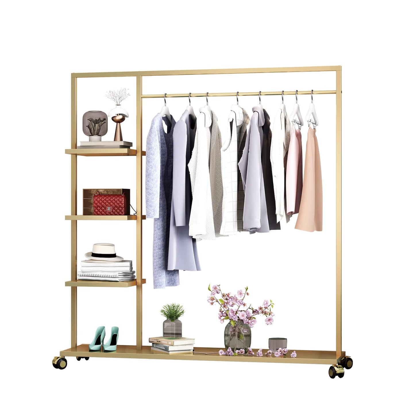 Smlttel Gold Clothing Racks with Shelf, Boutiques Retail Display Gold Clothes Rack, Multiple Uses Heavy Duty Garment Rack for Hanging Rods for Home and Retail
