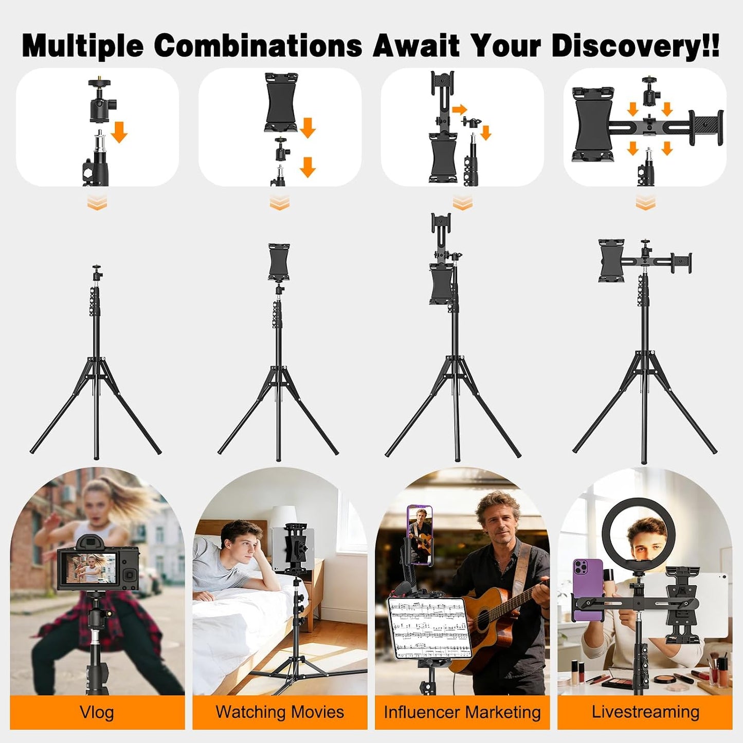BAISHUN 63-inch 360 2 4.7-12.9 inch 1/4 inch Tripod Stand for Tablet Camera Phone, Height Adjustable iPad Mount Holder
