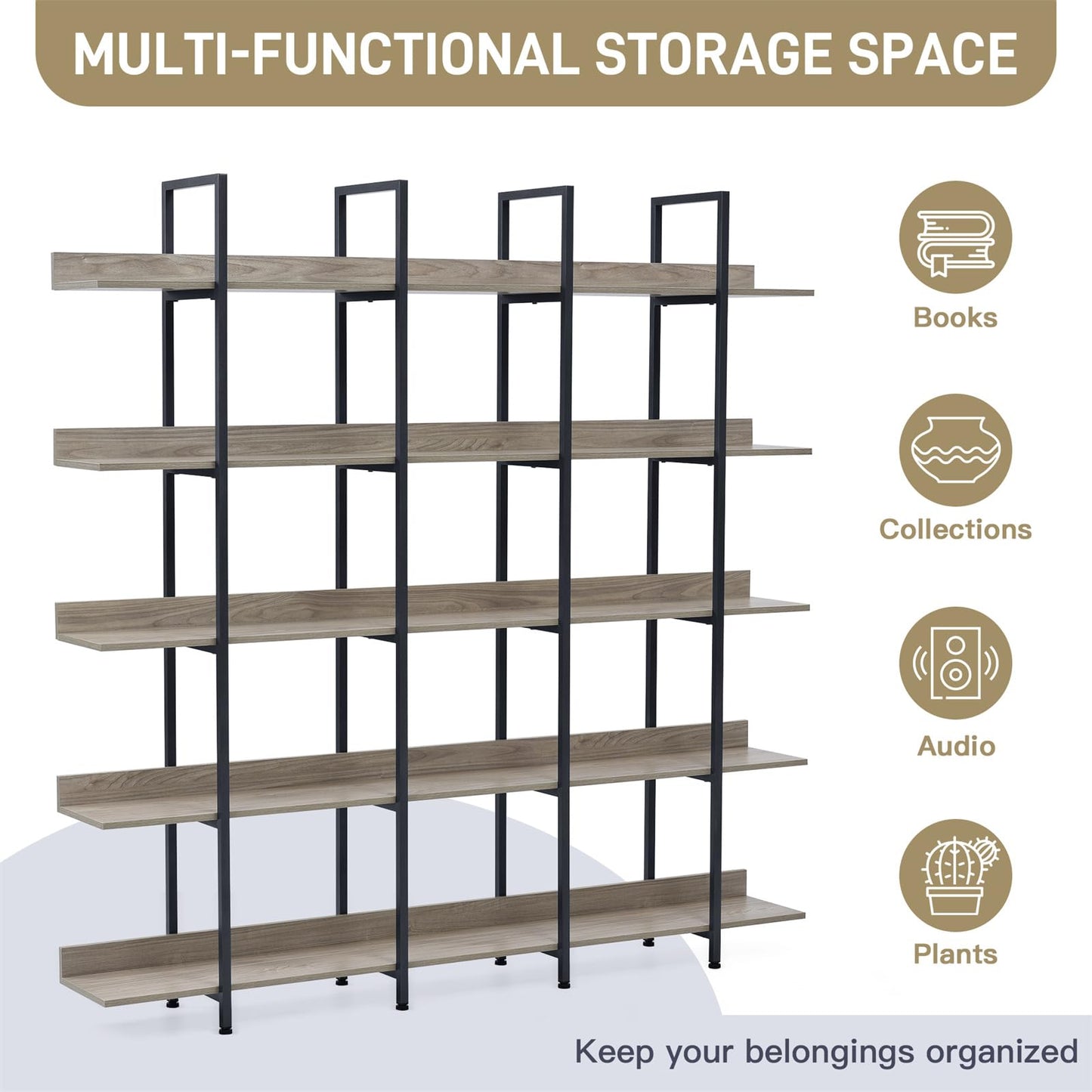 LKJYBG 5-Tier Bookcase with Metal Frame Vintage Open Bookshelf Industrial Style Book Case for Home Office Living Room Grey