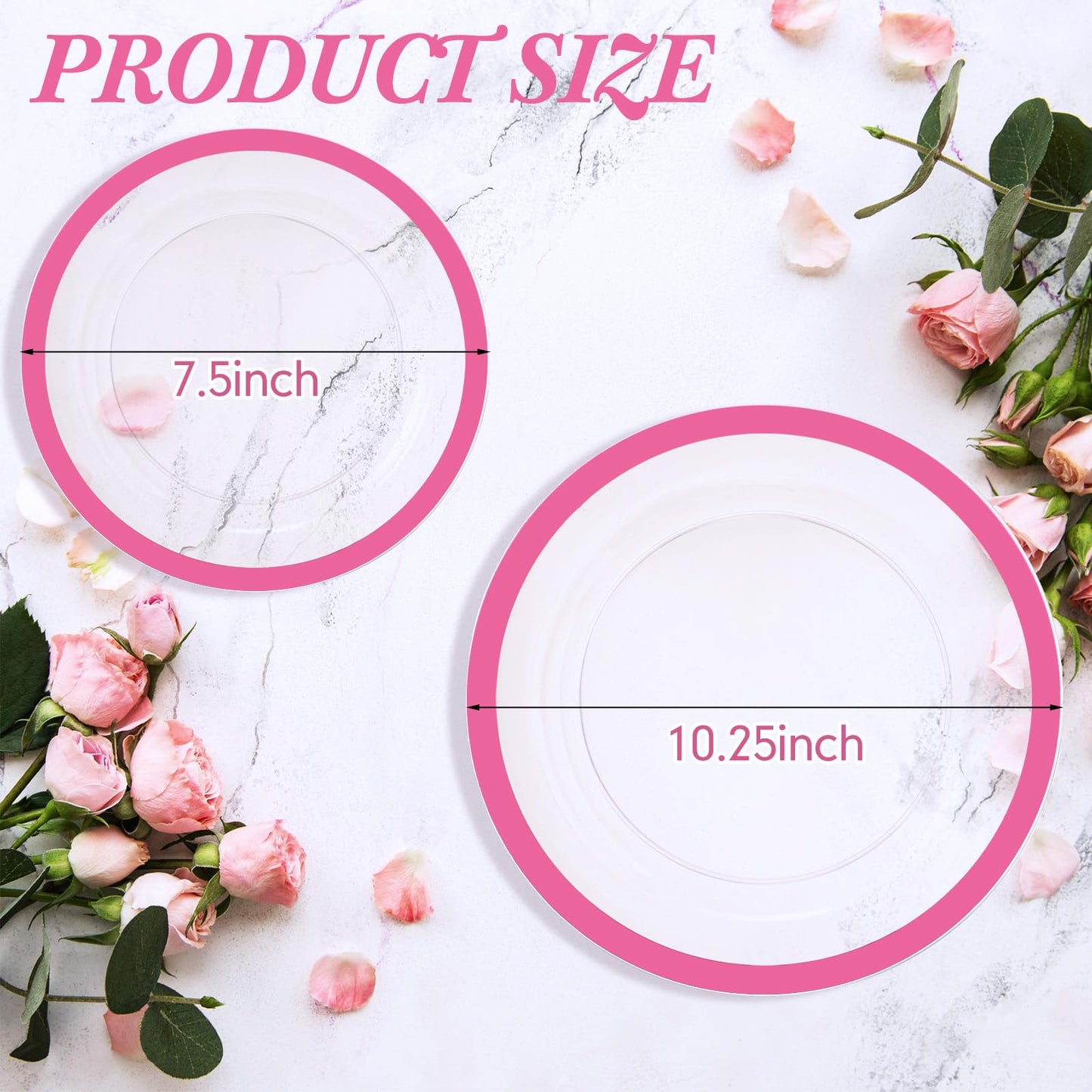Wesiti 100 Pcs Clear Plastic Plates Disposable Dinnerware Set Includes 50 Dinner Plates 10.25 '', 50 Dessert Plates 7.5 '', Cake Salad Dessert Plates for Wedding Birthday Holiday Parties(Pink Rim)
