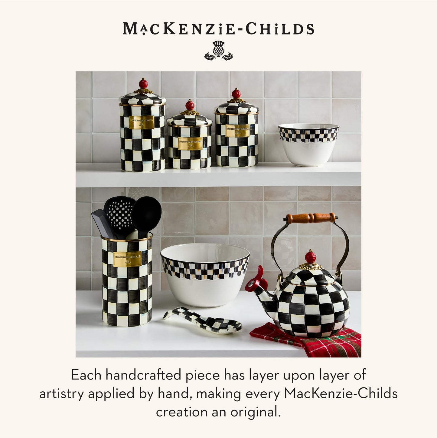 MACKENZIE-CHILDS Enamel Whistling Tea Kettle, Decorative Teapot for Stovetop, Black-and-White Courtly Check