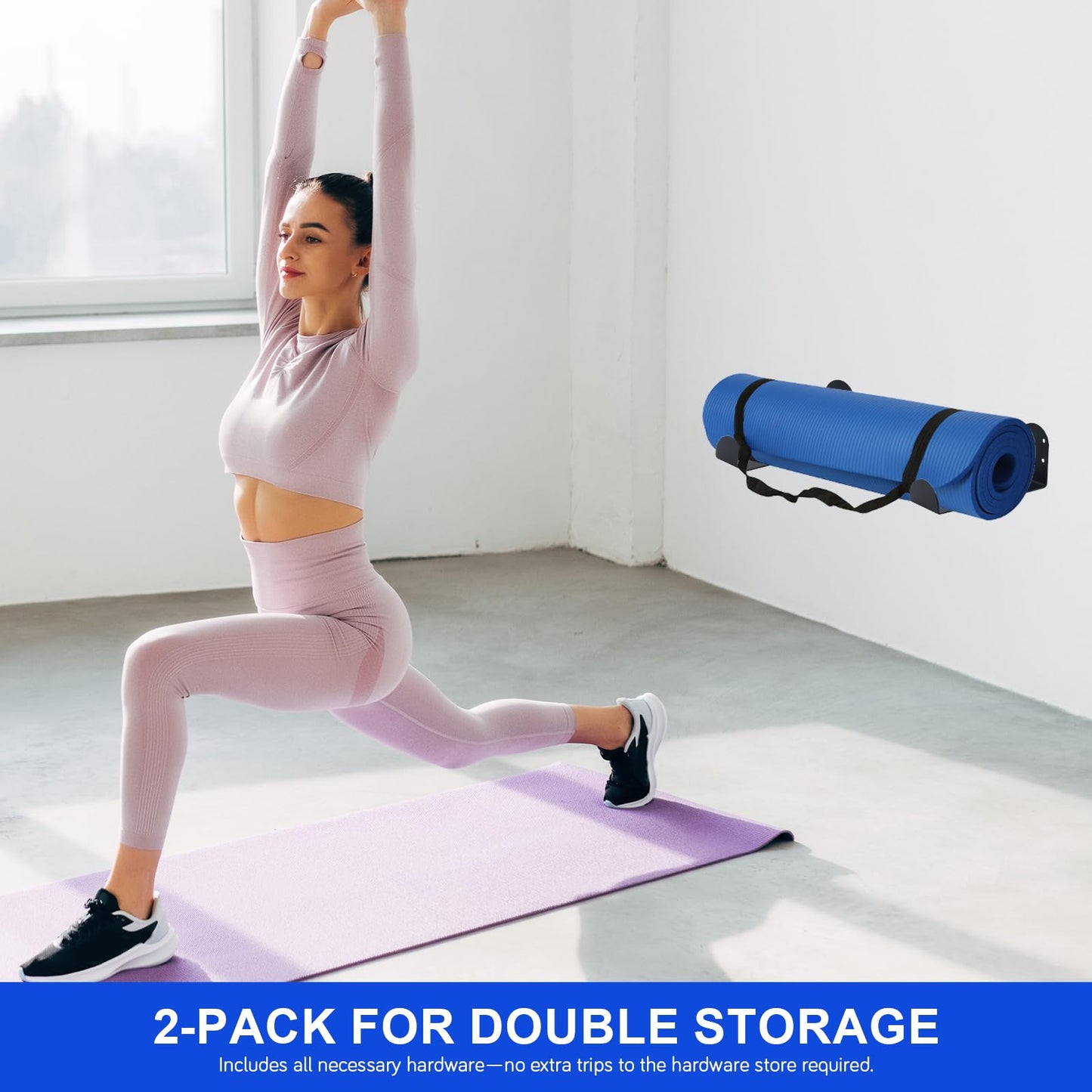 Yoga Mat Holder Wall Mount, 2-Pack Space Saving Yoga Mat Rack for Small Home Gym Storage, Stainless Steel Wall Holder for Yoga Mats, Foam Rollers & Workout Accessories