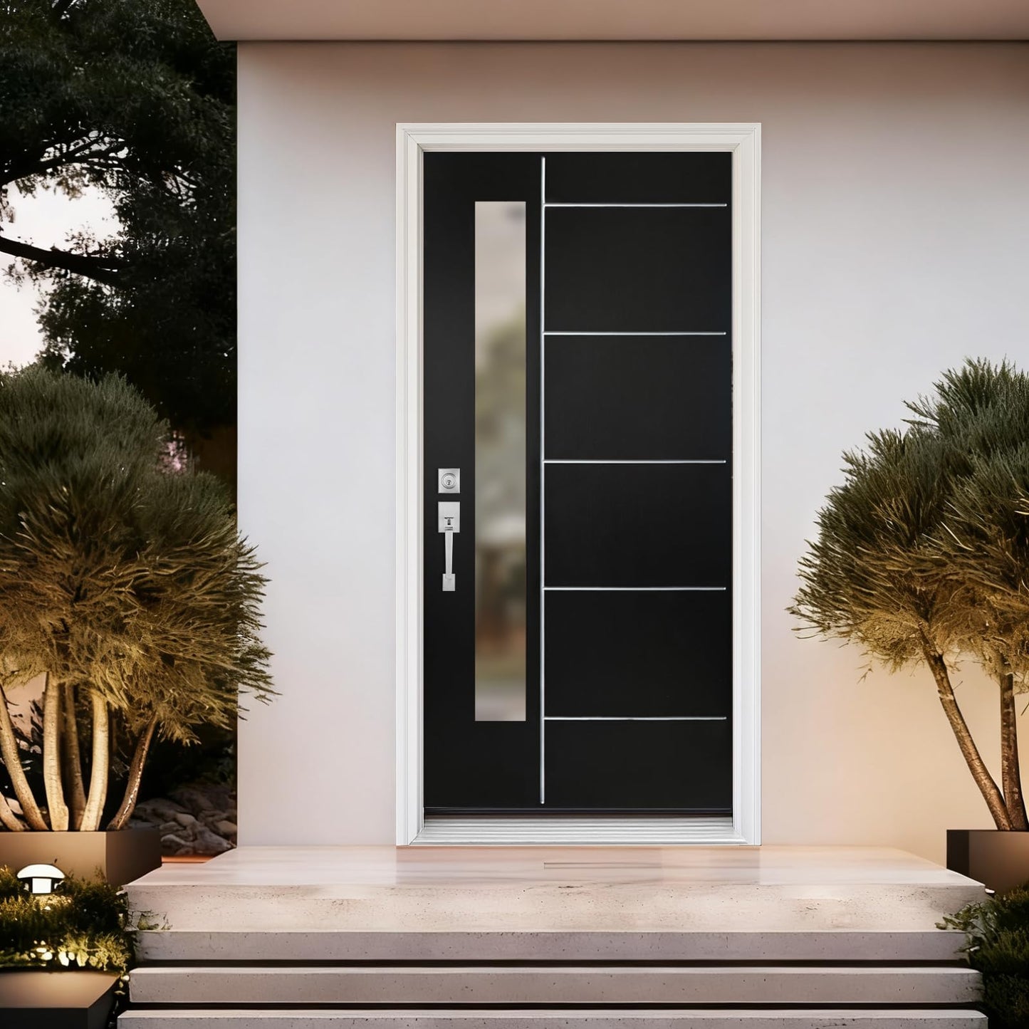 36" x 80" Modern Fiberglass Exterior Door with Frosted Glass, Painted Line Detail, Black Brushed Finish, Right-Hand Inswing