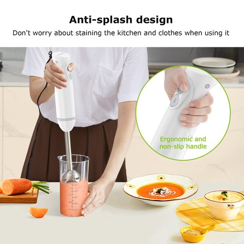 Bonsenkitchen Hand Blender, Immersion Blender with 2 Mixing Speed, 2-In-1 Hand Held Stick Mixer with Beaker for Soups, Smoothies, Sauce, White