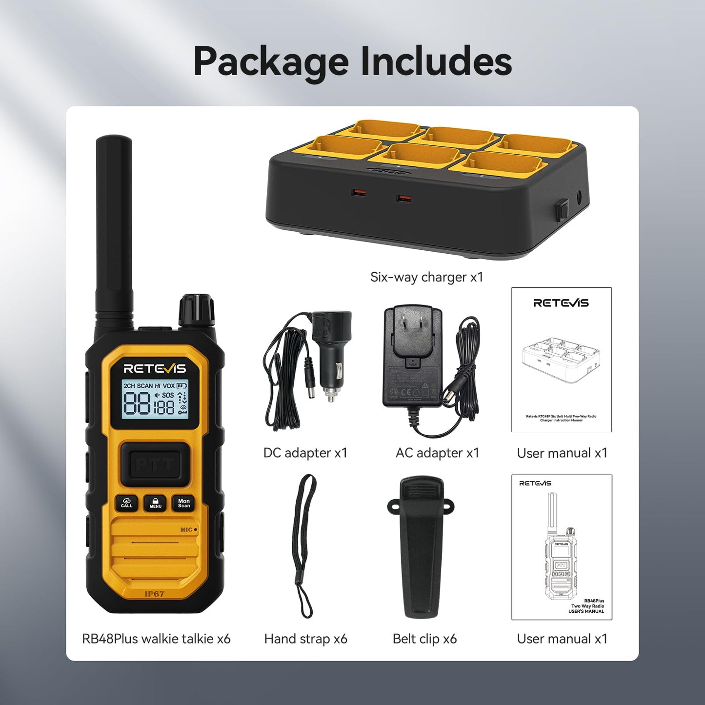 Retevis RB48 Plus Walkie Talkies Long Range, Heavy Duty Rechargeable GMRS Two Way Radios, IP67 Waterproof, Shock Resistant, Group Call, VOX,Emergency Radios(6 Pack with Gang Charger)