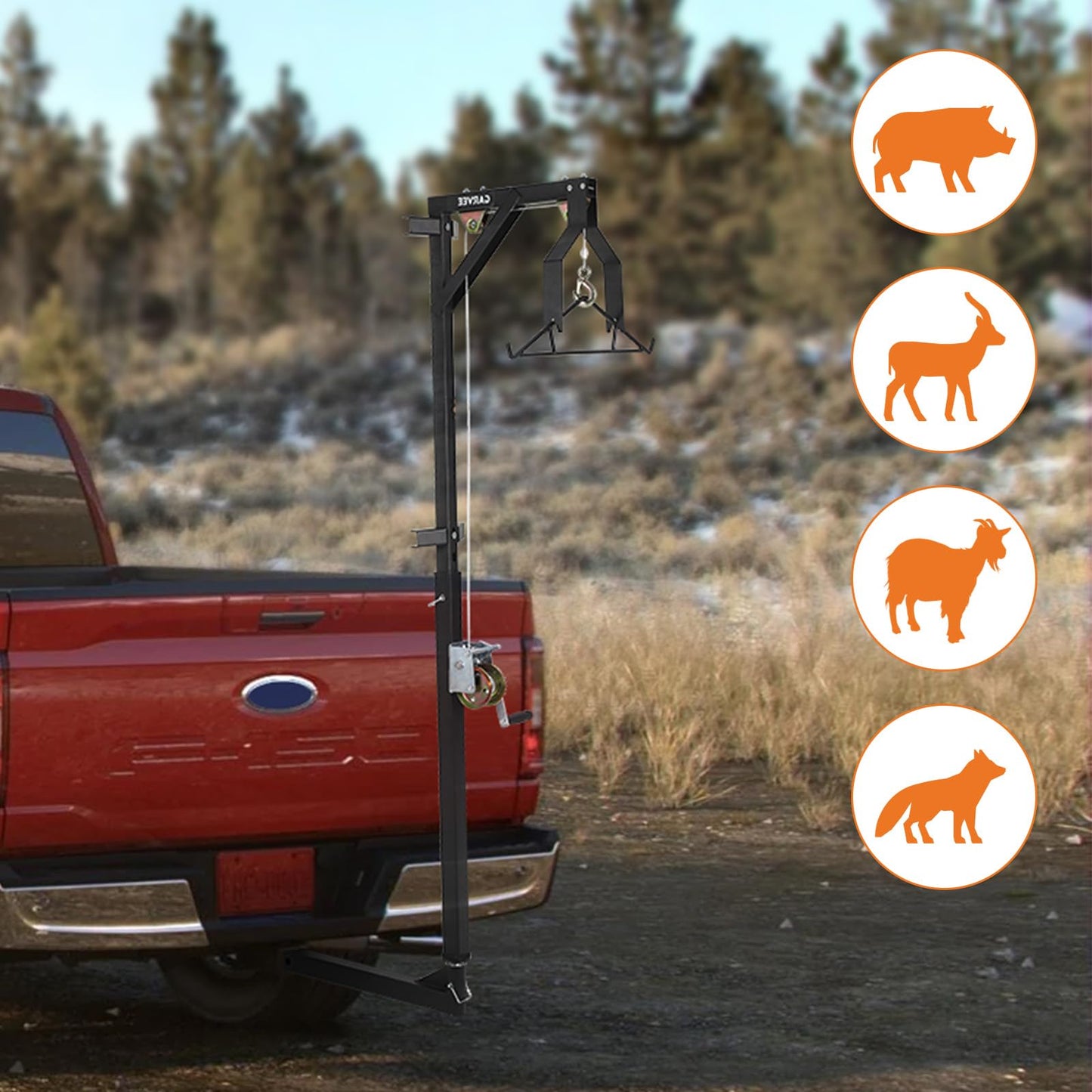 EliteEdge 500 LBS Hitch-Mount Deer Hoist with Winch & Gambrel, 360° Swivel Adjustable Height Heavy-Duty Game Hoist for Skinning, Butchering, Field Dressing