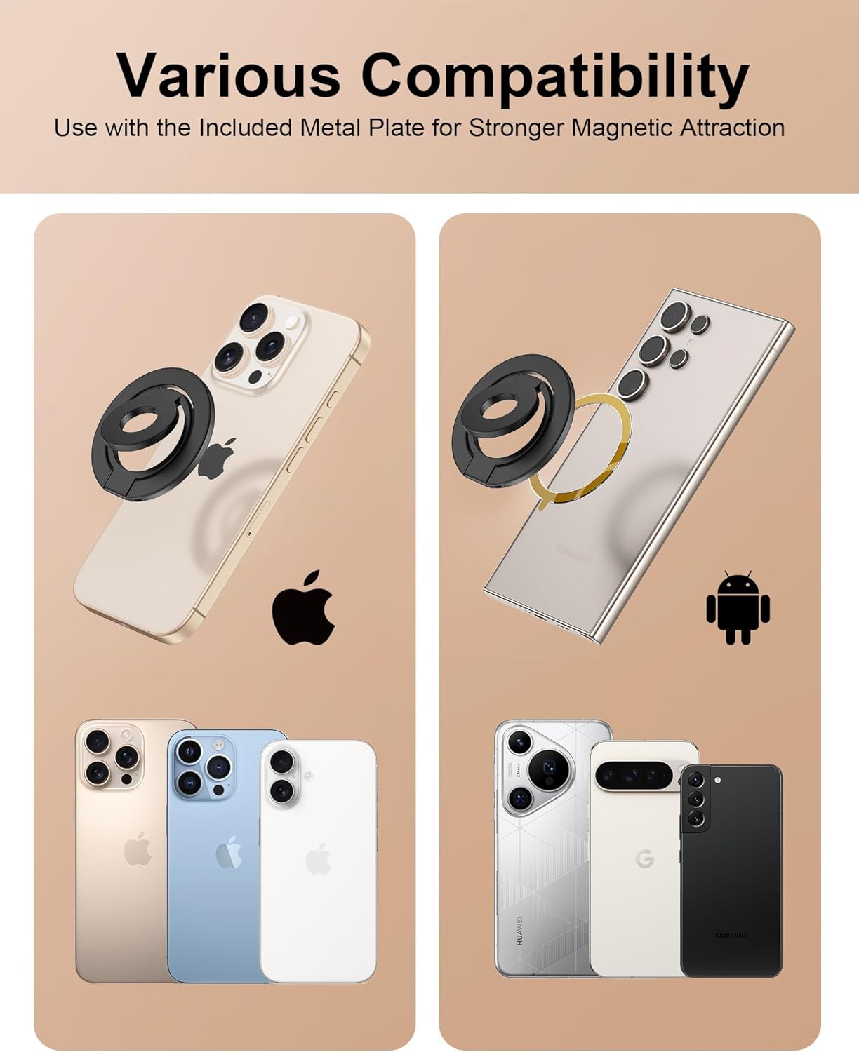 17e 17 Phone Ring Holder Grip with Dual-Side Magnets, Universal Magnetic Kickstand Stand, Wireless Charging Friendly