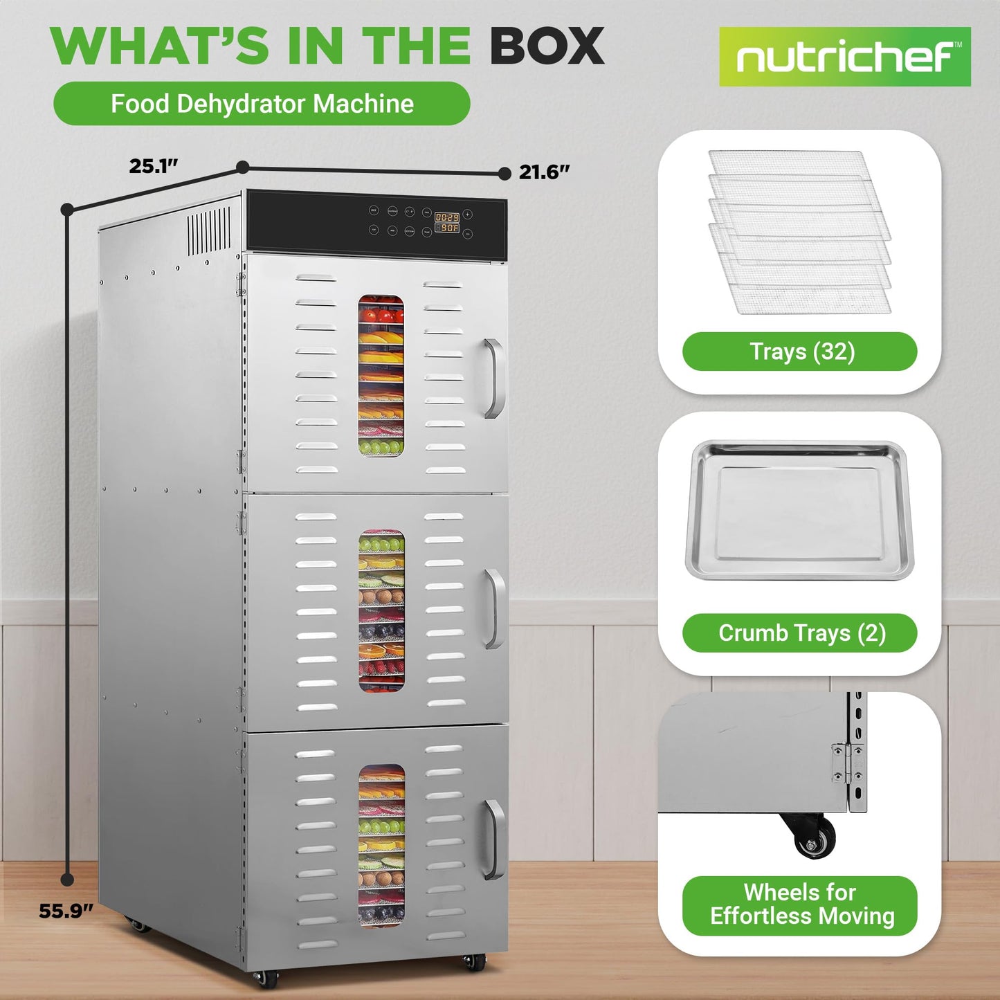 NutriChef 30 Layer & 3 Chamber Commercial Food Dehydrator Machine - Stainless Steel Trays, Digital Timer and Temperature Control, Ideal for Jerky Meat, Fruit, Pet Treats, Vegetables, and Herbs