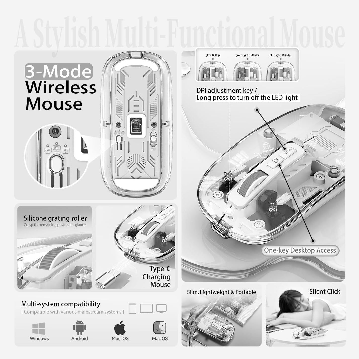FMOUSE 3-Mode Sleek Transparent Magnetic Wireless Mouse - Connectivity (Dual Bluetooth + USB), DPI Adjust & One-Key