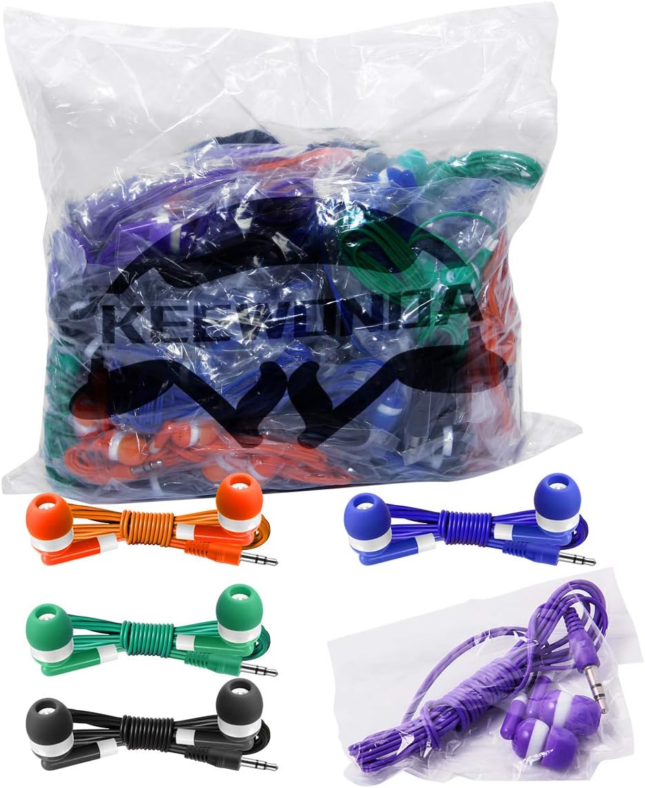 30 Pack 5 Keewonda Multi Color Earbuds for Kids, In-Ear, Wired, Colors (Black, Blue, Orange, Green, Purple), Compatible