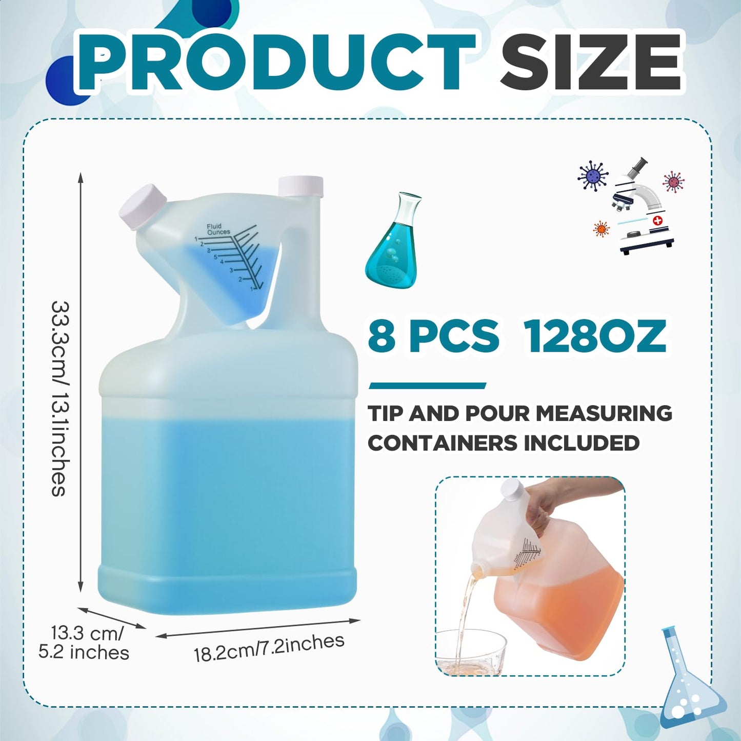 Yiyiring 8 Pcs 128oz Measure Container and Pour Measuring Containers HDPE Plastic Measuring Bottle, 8oz Measure Capacity