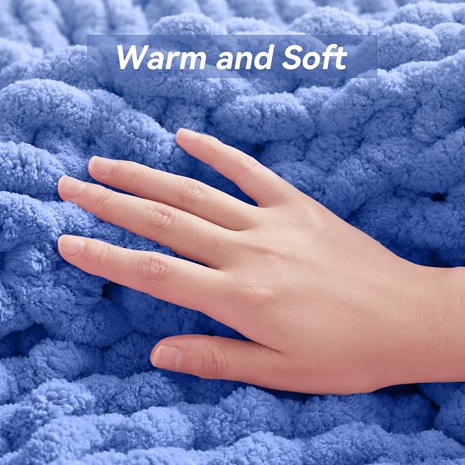 Negwoo Chunky Knit Throw Blanket, 30''*40'' Knitted Throw Chenille Yarn for Bed Couch, Handmade Light Blue Crochet Big Thick Blanket, Machine Washable Cute Comfy Blanket for Home Decor