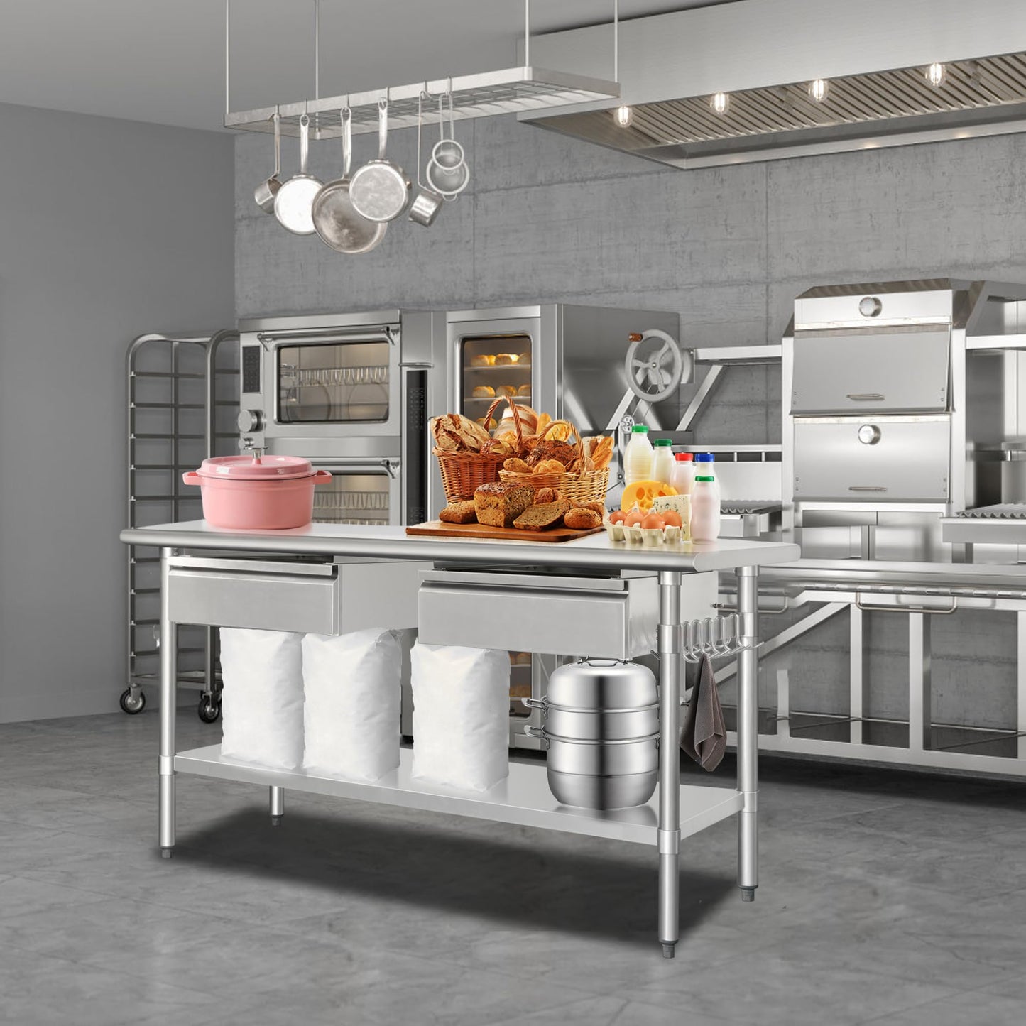 HARDURA Stainless Steel Prep Table with Drawer 24" x 60" NSF Heavy Duty Bench with Undershelf, Hook and Galvanized Legs for Commercial Food Prep