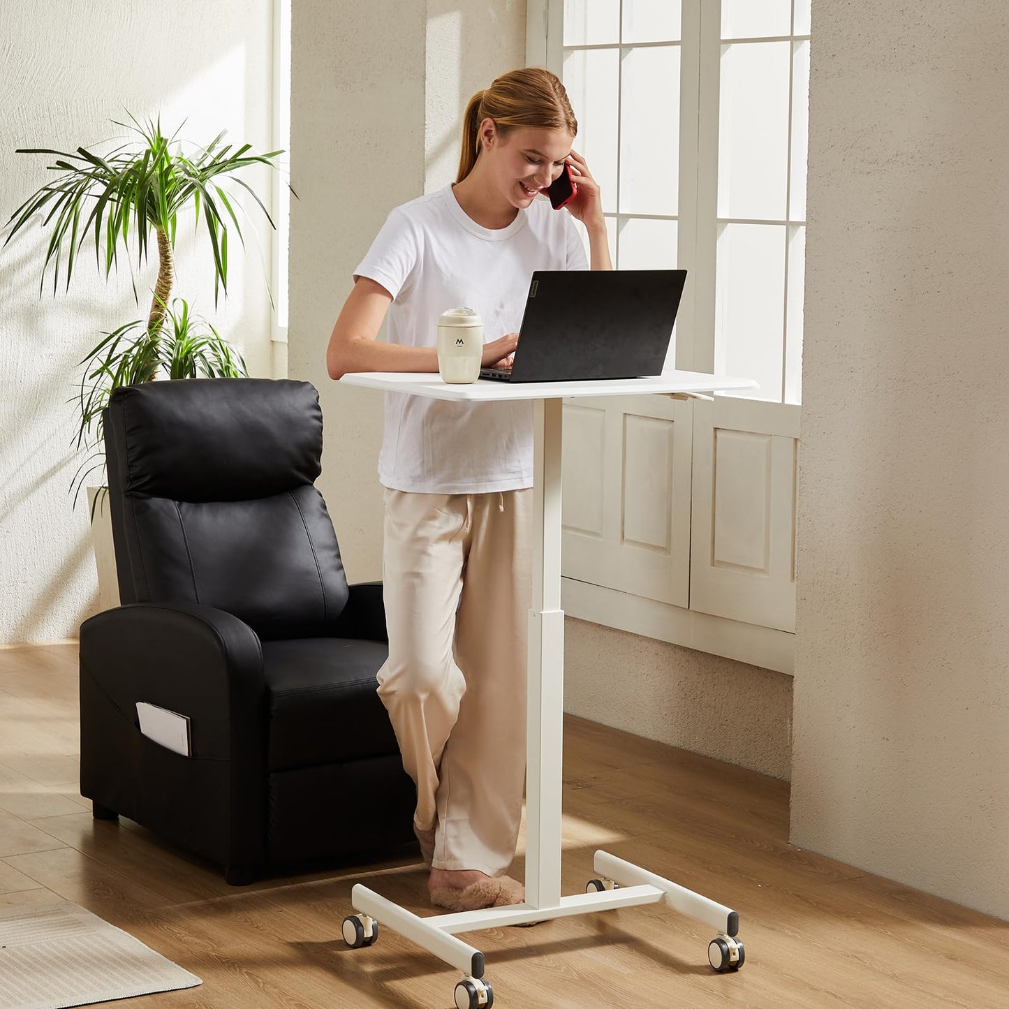 DUMOS Small Standing Desk Mobile Portable Rolling Laptop PC Table on Wheels Adjustable Height Computer Workstation for Home Office Small Space, 19 Inch, White