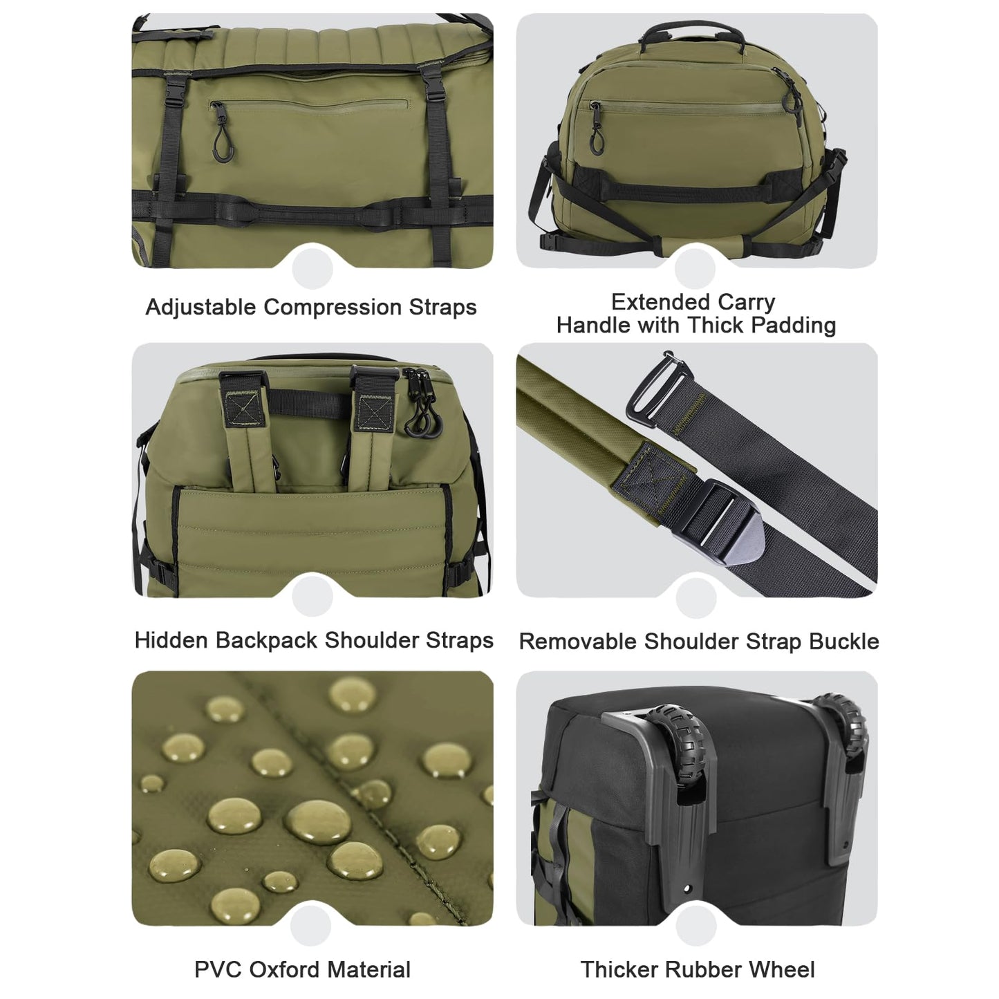 Vrtisa 85L 29“ Foldable Rolling Backpack with Wheels, Soft-side Travel Duffle Bag with Separate Shoe Compartment, Full Quilted Bottom,Army Green