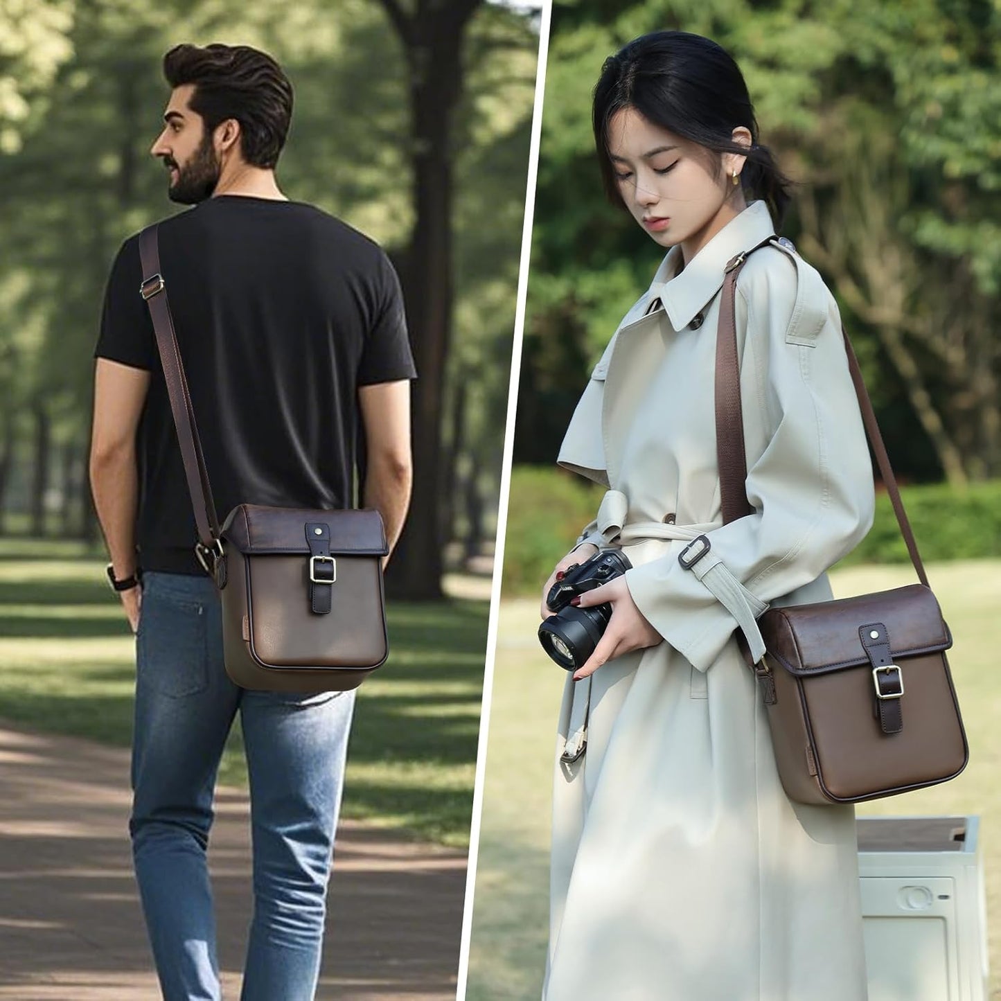Cwatcun Camera Sling Bag PU Leather for PhotographersSmall Camera Bag Water-resistant Shockproof Case with Removable