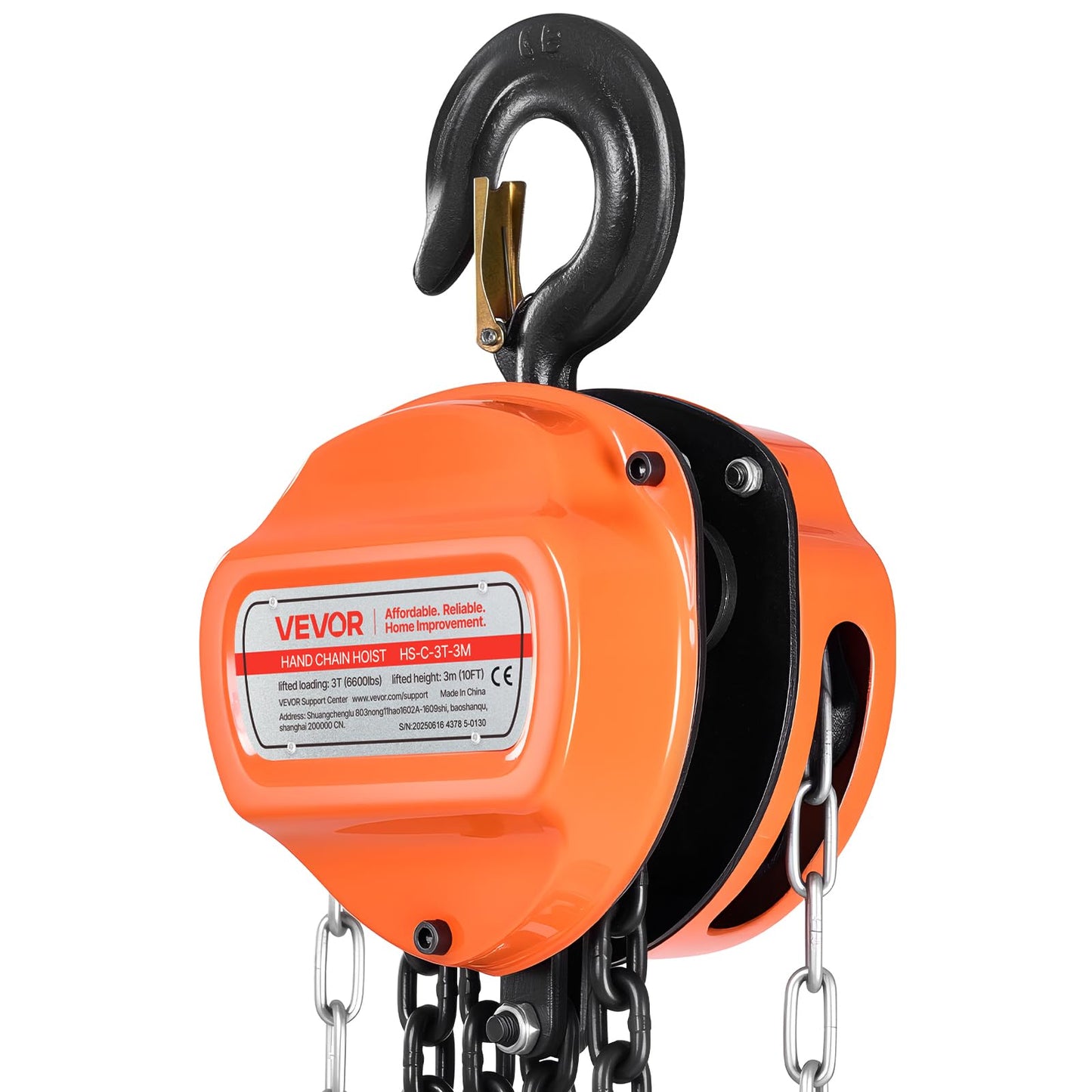 VEVOR Hand Chain Hoist, 3 Ton 6600 lbs Capacity, Manual Chain Block with Upgrade G80 Galvanized Chain, 10 ft Lifting Height, Heavy Duty Pulley Hoist for Garage Warehouse Automotive Machinery, Orange