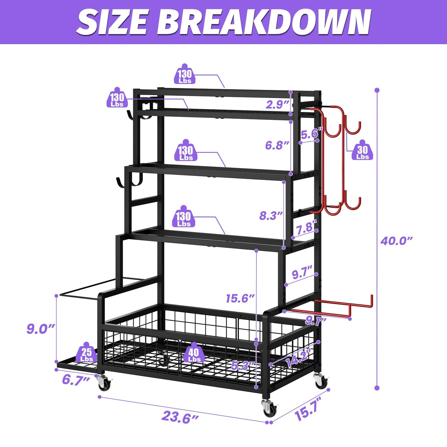 Dumbbell Rack,Home Gym Storage Rack,Total Weight Capacity 490 lbs,Weight Rack with Wheels/Strength Training Equipment Storage Rack with Hooks,Stores Dumbbells,Kettlebells,Yoga Mats