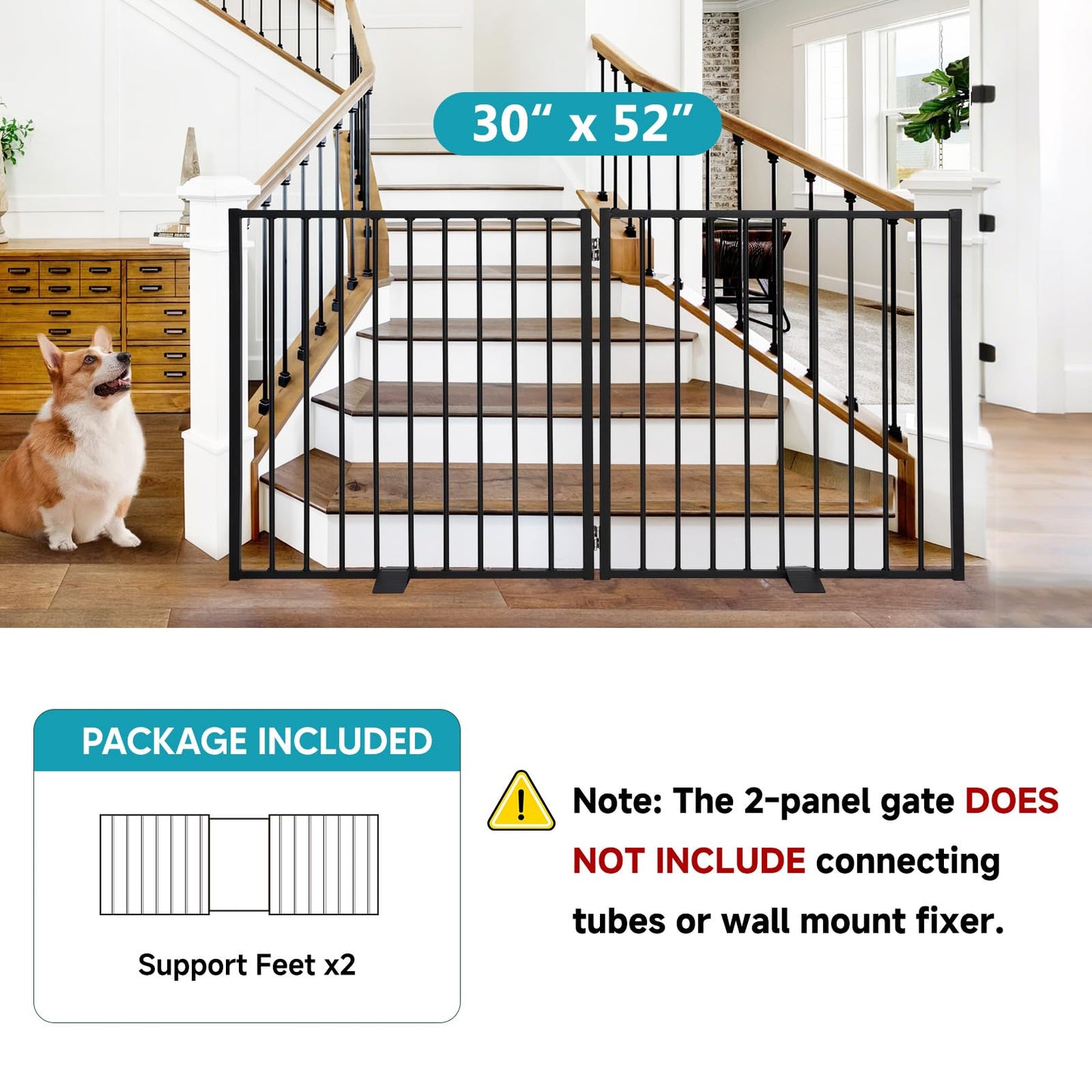 Snagle Paw Extra Wide Dog Gate,Free Standing Dog Fence with Door, Up to 52 Inch Wide Pet Gate with Support Feet for Stairs, Hallways, Doorways, Yard (Black, 2 Panels)