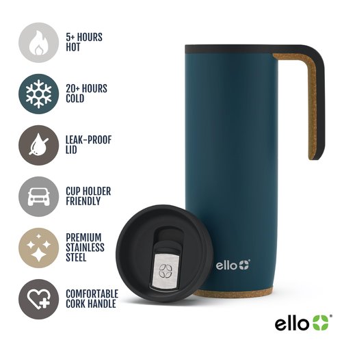 Ello Magnet 18oz Stainless Steel Travel Mug with Handle and Leak Proof Lid | Vacuum Insulated Coffee Cup Keeps Drinks Hot for 5 Hours | BPA Free Tumbler with Built In Coaster, Poseidon