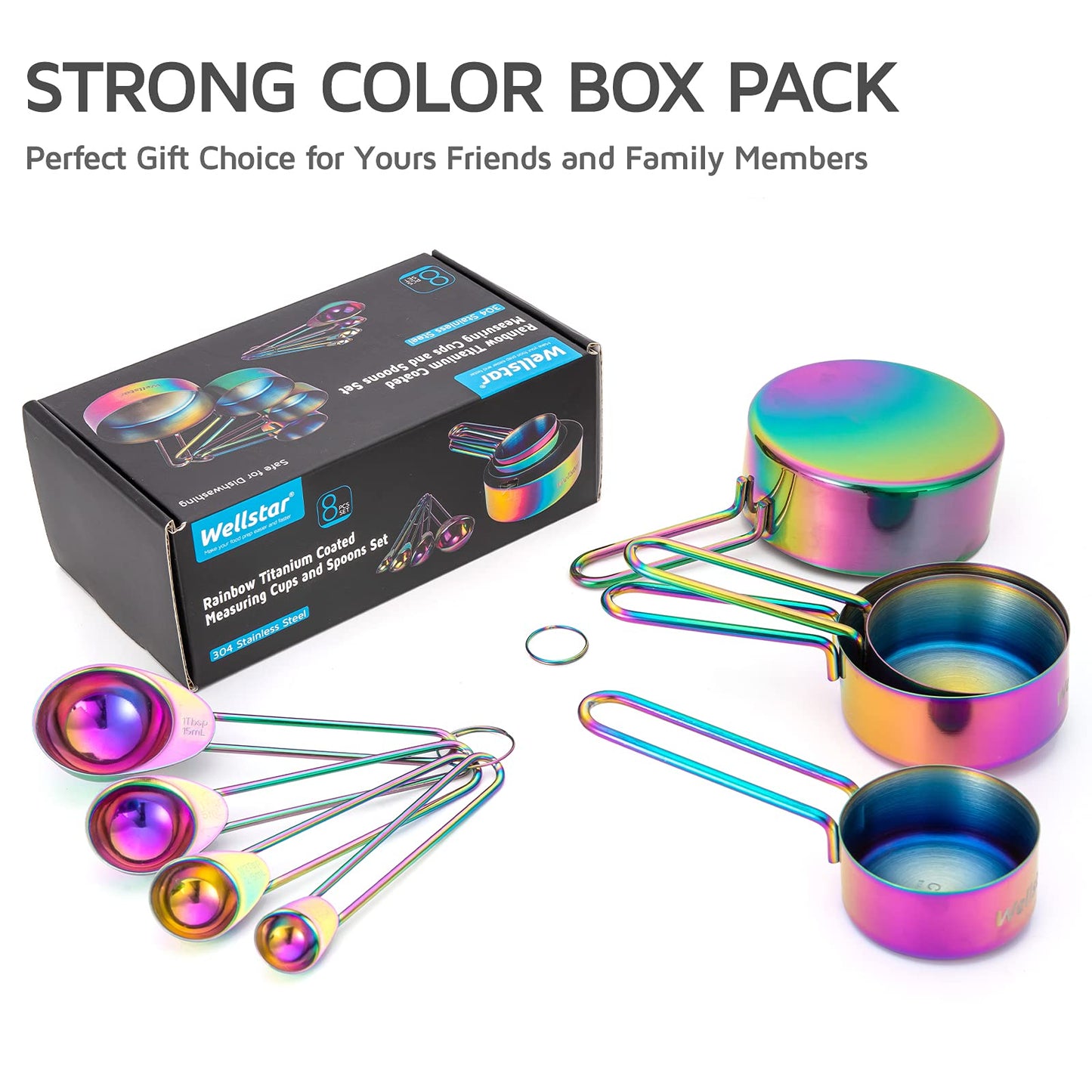 WELLSTAR Measuring Cups and Spoons Set of 8, Food Grade 18/8 Stainless Steel Measure set for Dry Liquid Measurement, Rainbow Titanium Coated Kitchen Gadgets for Cooking Baking, 4 Cup and 4 Spoon