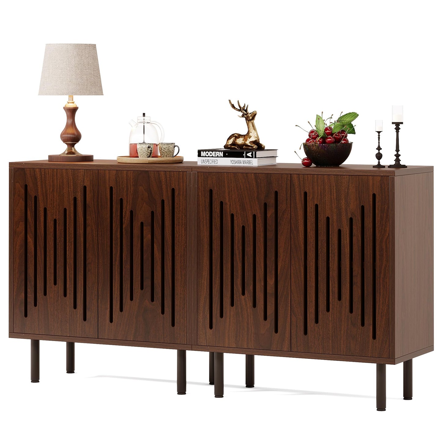 Tribesigns Set of 2 Sideboard Buffet with Storage, 59" Buffet Sideboard Cabinet with Adjustable Shelves, Accent Storage Cabinet for Living Room, Dark Brown