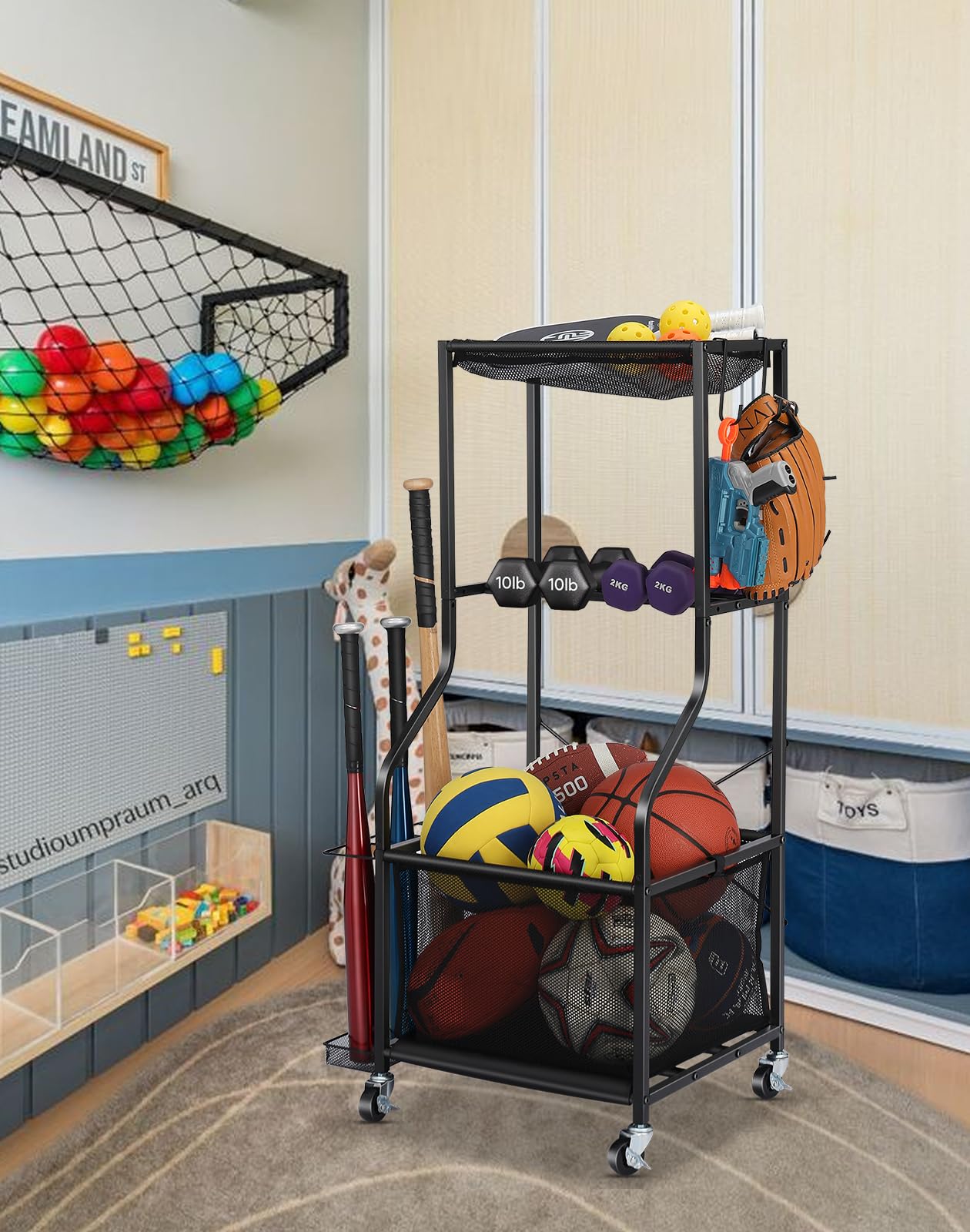 EXTCCT Sports Equipment Garage Organizer - Rolling Ball Storage with wheels, 3-Tier Sports gear Storage Rack Indoor & Outdoor Balls Cart with Hooks for Home, Garage (Black)