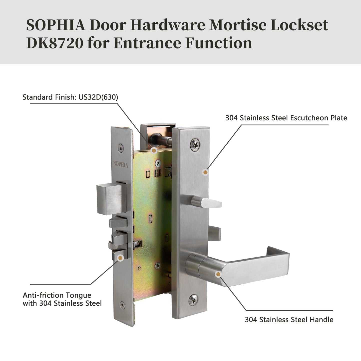 SOPHIA Commercial/Residential Heavy Duty Mortise Lockset Door Lever Lock Non-Handed Grade 1 - Escutcheon Plate Keyed Lever Lockset, ADA, US32D Satin Chrome Finish for Entrance Front Door