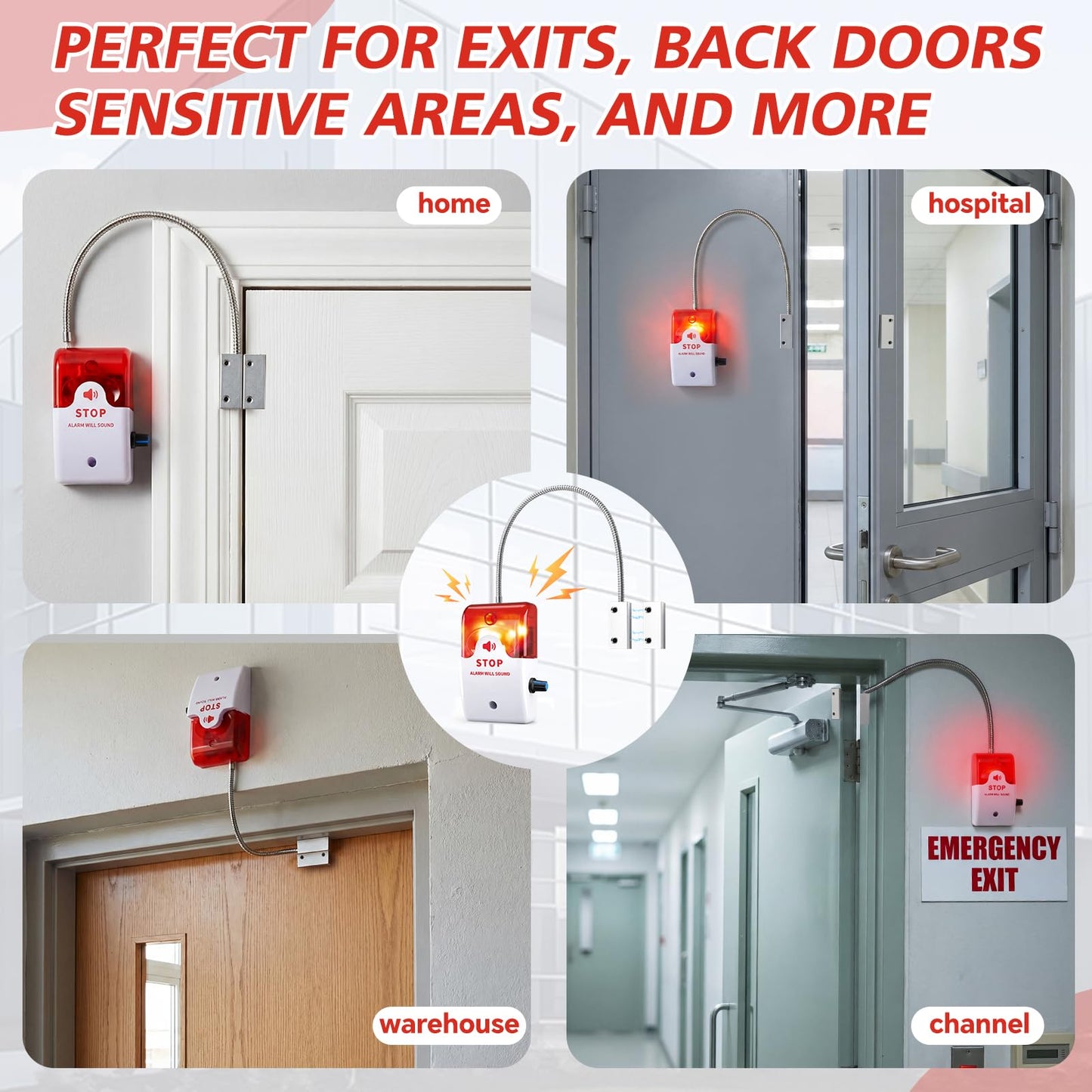 Konohan 2 Pcs Exit Stopper Door Alarm with 110db Siren Emergency Door Alarms When Opened, Easy Installation Battery Powered Magnetic Sensor for Unauthorized Entry Prevent Commercial Warehouse Retail