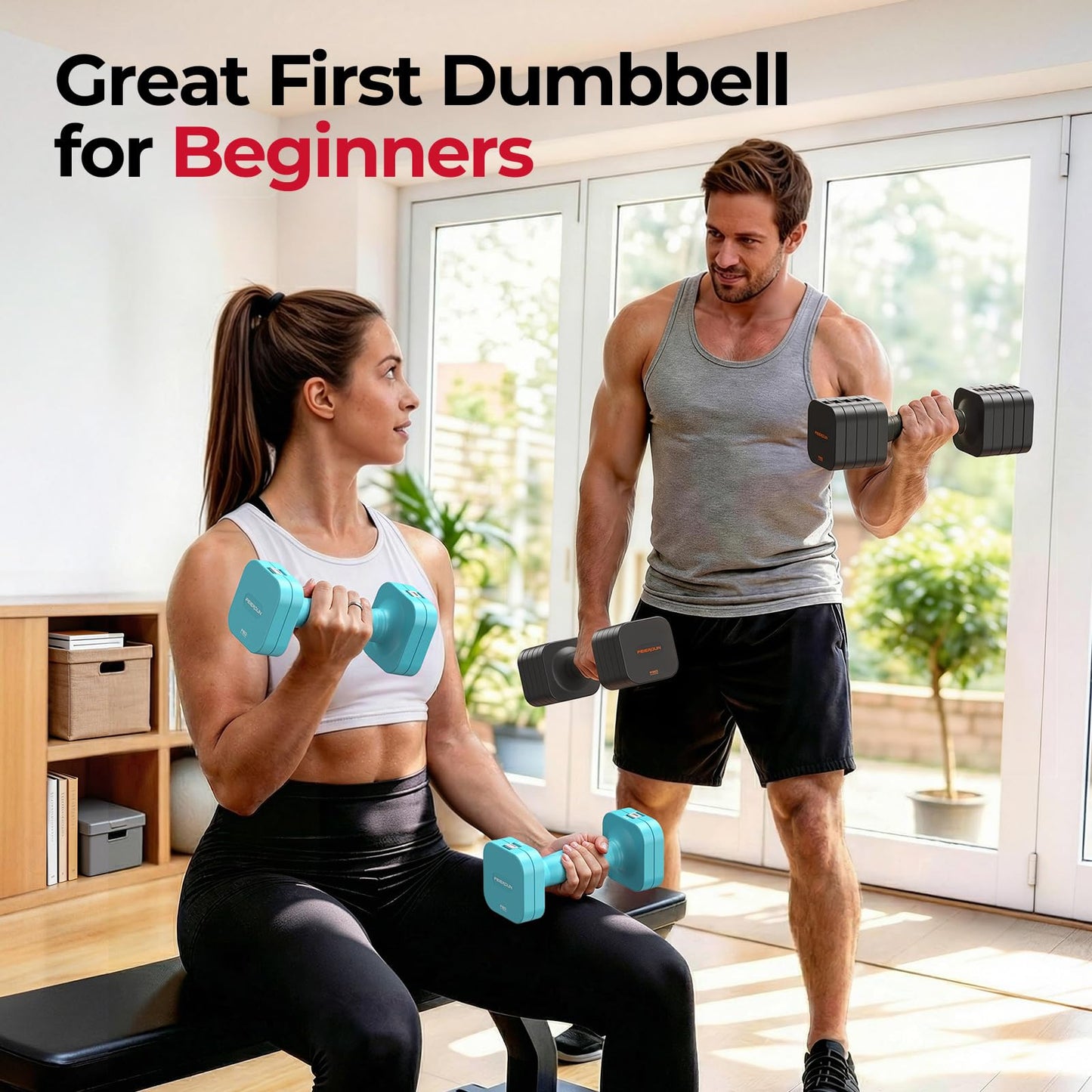 FEIERDUN 5-in-1 Adjustable Dumbbell Set of 2, 12LBS/20LBS Hand Weights for Women, 1s-Adjust Dual-Stable Dumbbell Set for Women Home Gym & Outdoor